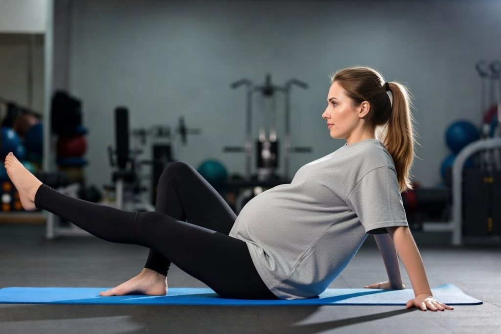 Una mujer embarazada realizando Pilates para mejora su fuerza, flexibilidad y bienestar en el gimnasio del barrio de Tetuán